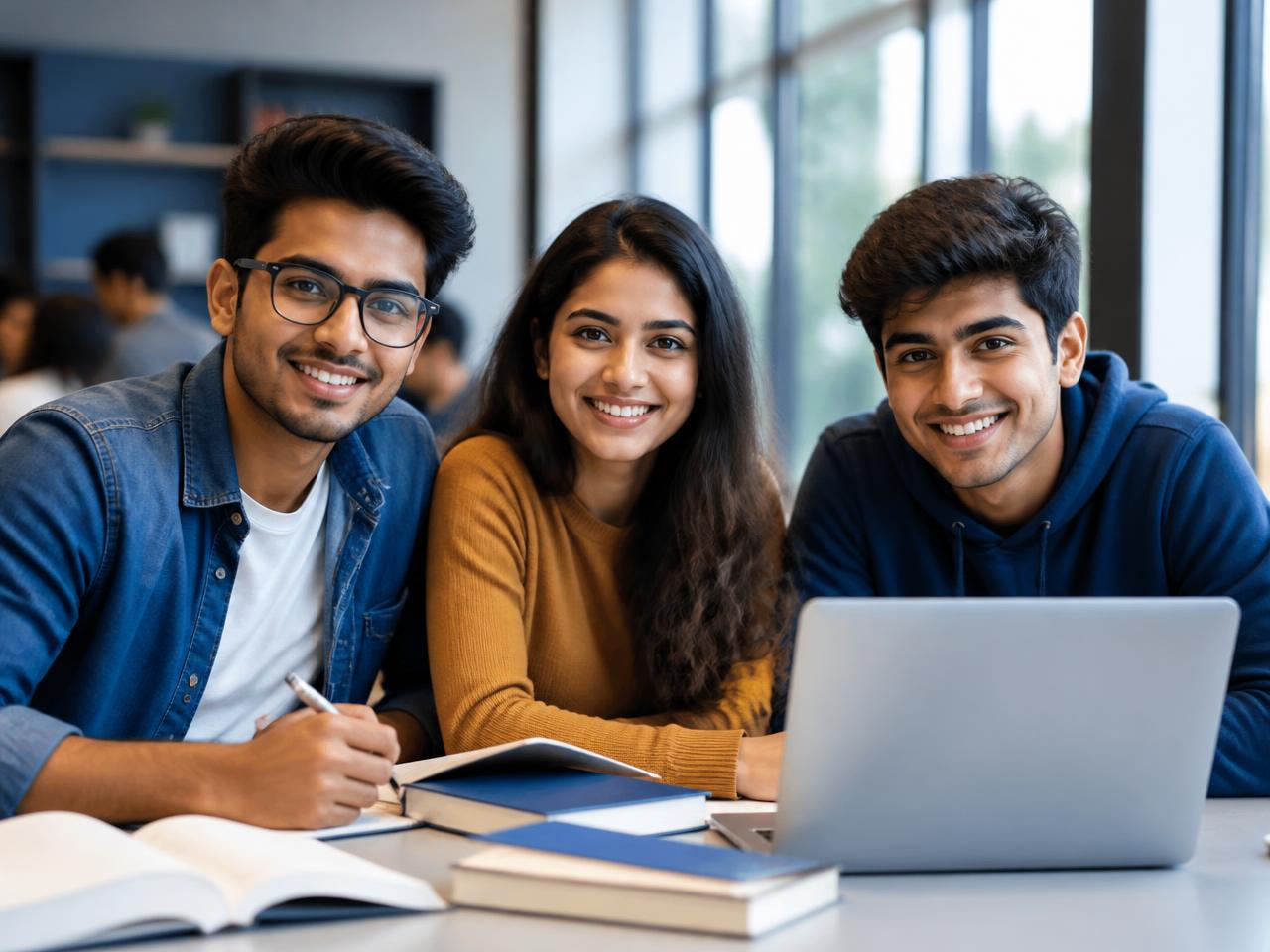 Students preparing for exams with books and a laptop